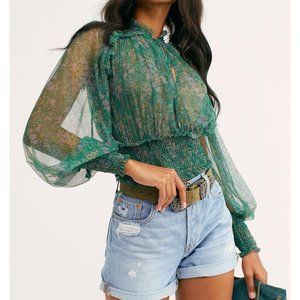 Free People Women's Green Print Top